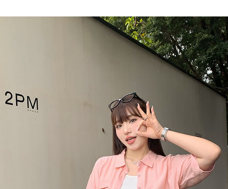 3/4-Sleeve Plain Button-Up Shirt