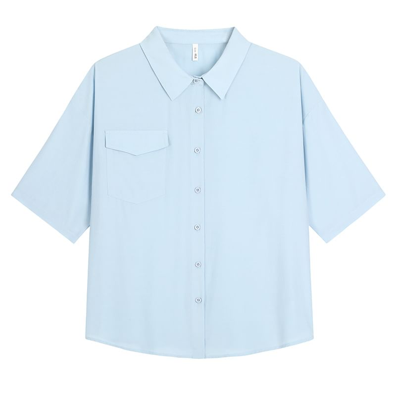 3/4-Sleeve Plain Button-Up Shirt
