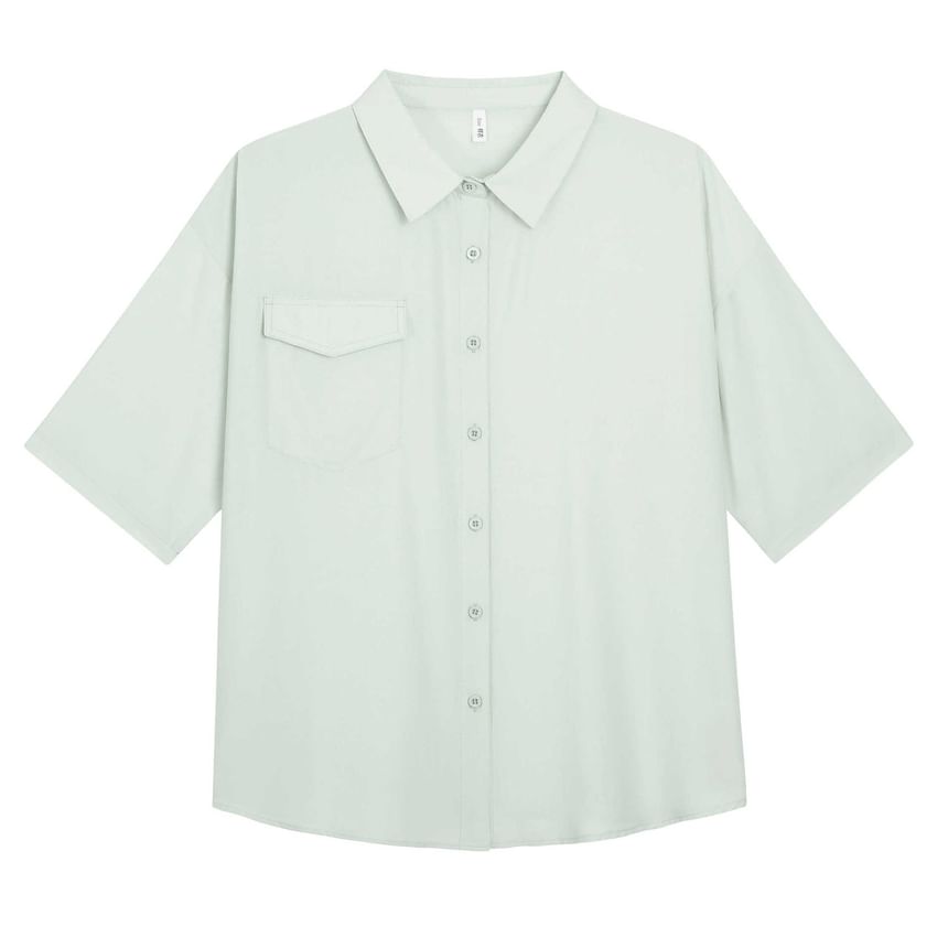 3/4-Sleeve Plain Button-Up Shirt