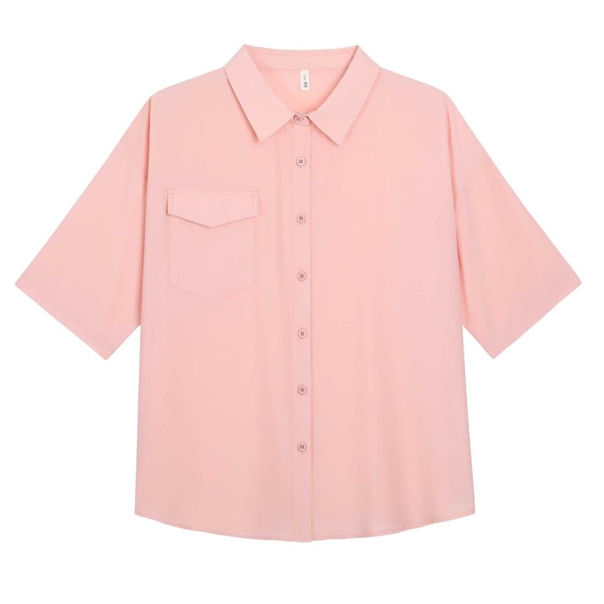 3/4-Sleeve Plain Button-Up Shirt