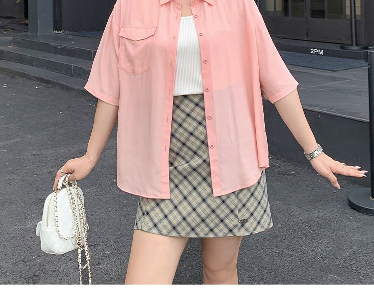 3/4-Sleeve Plain Button-Up Shirt