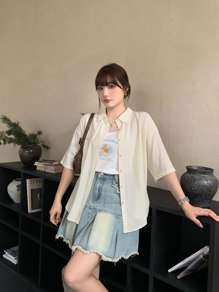 3/4-Sleeve Plain Button-Up Shirt