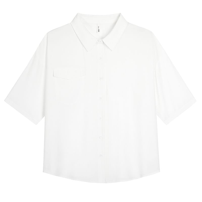 3/4-Sleeve Plain Button-Up Shirt