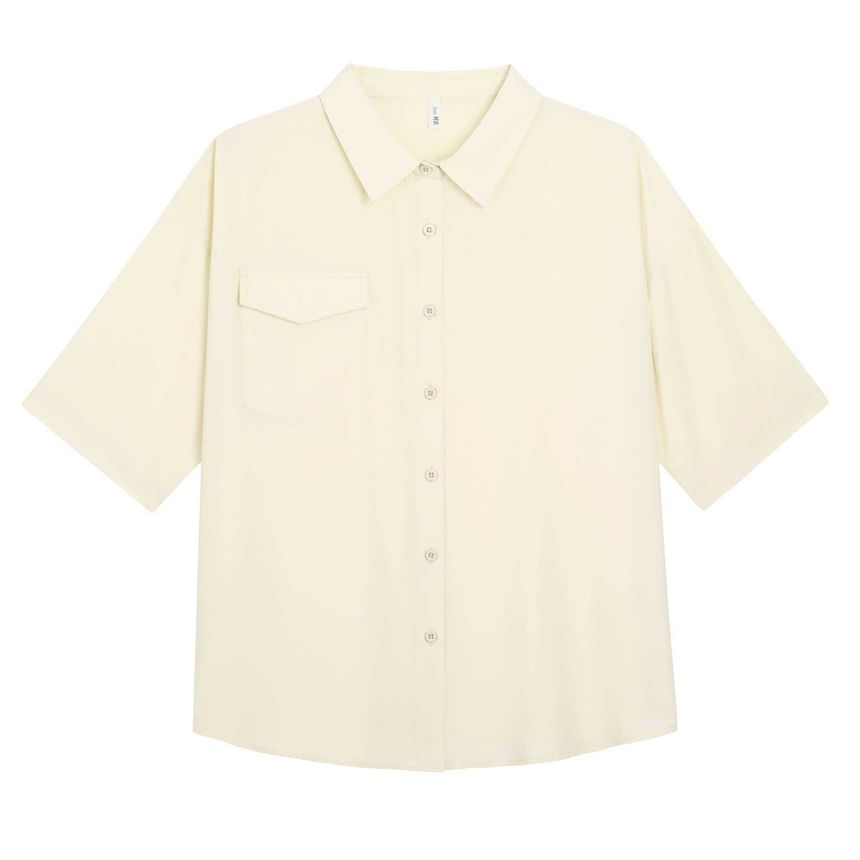 3/4-Sleeve Plain Button-Up Shirt