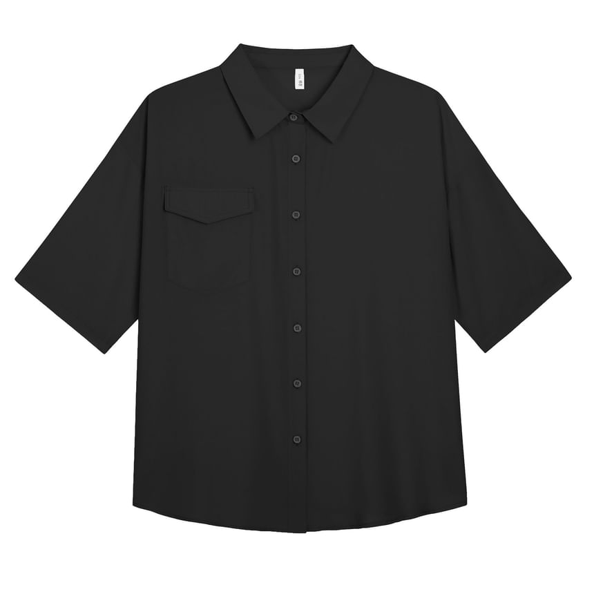 3/4-Sleeve Plain Button-Up Shirt