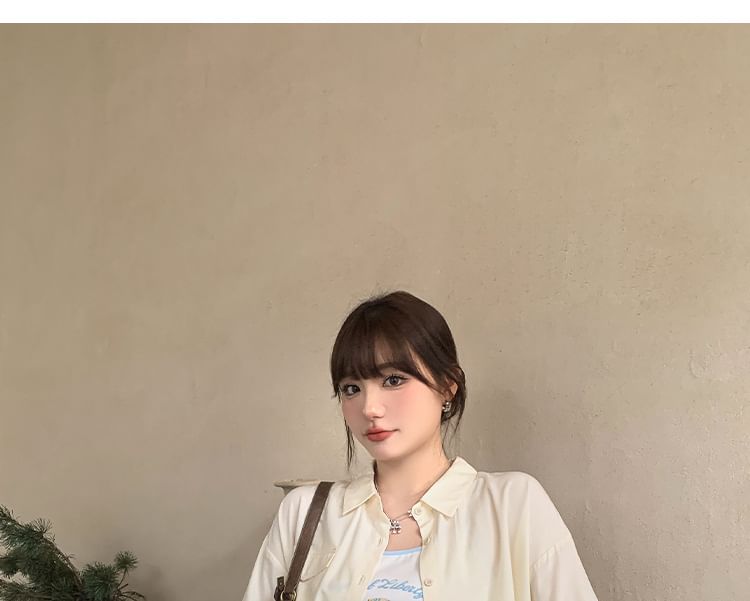 3/4-Sleeve Plain Button-Up Shirt