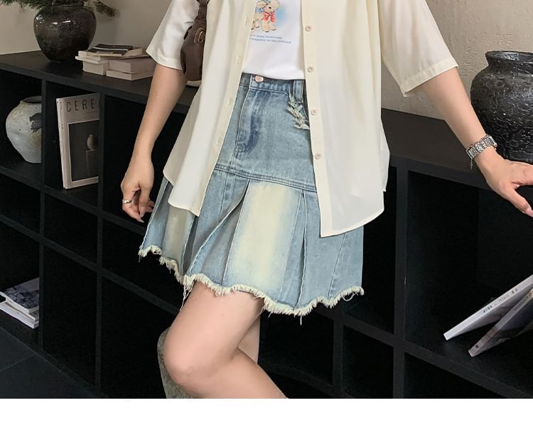 3/4-Sleeve Plain Button-Up Shirt