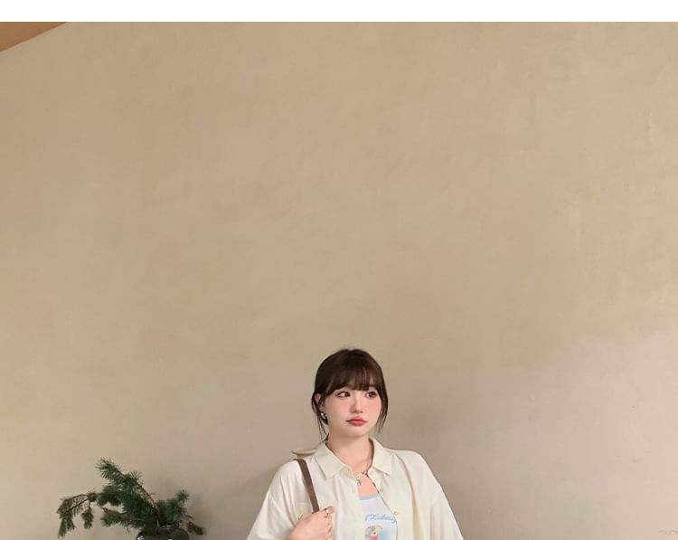 3/4-Sleeve Plain Button-Up Shirt