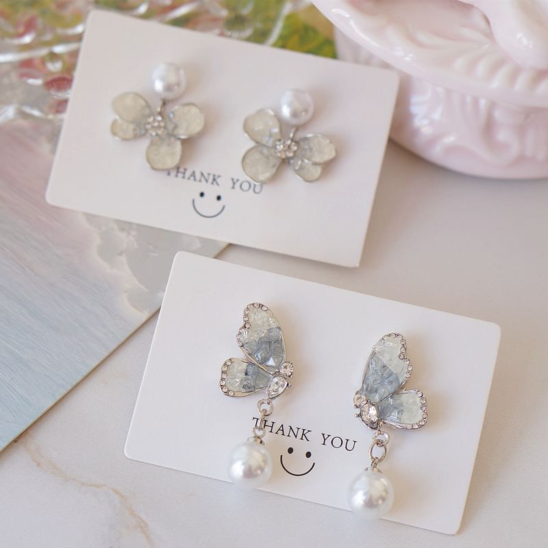 Floral Alloy Earring Pearl Drop Faux Butterfly Crystal /