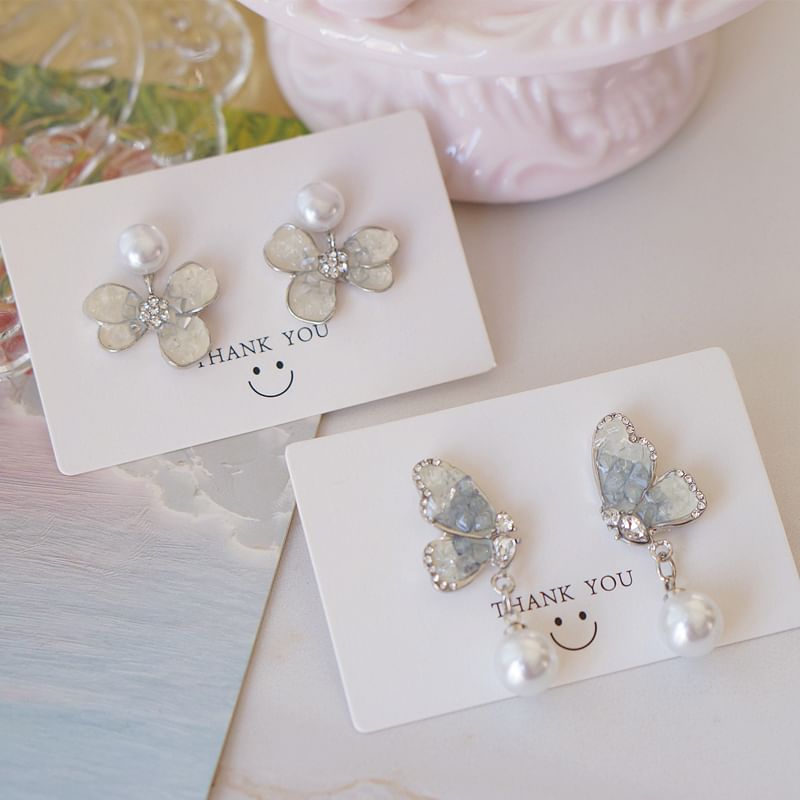 Floral Alloy Earring Pearl Drop Faux Butterfly Crystal /
