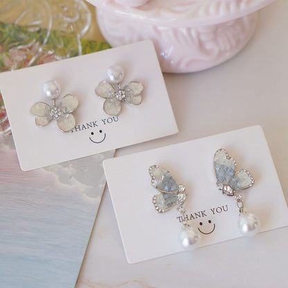 Floral Alloy Earring Pearl Drop Faux Butterfly Crystal /