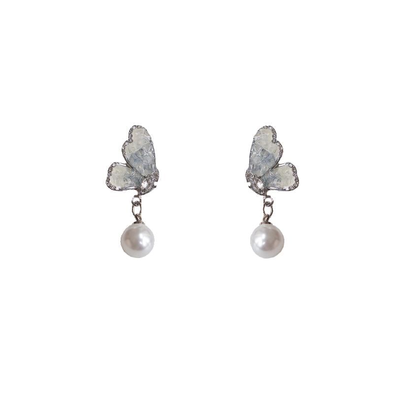 Floral Alloy Earring Pearl Drop Faux Butterfly Crystal /