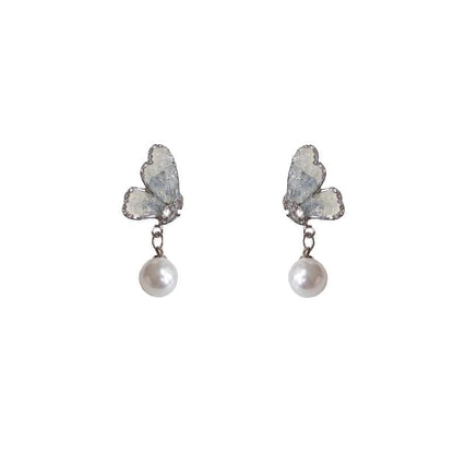Floral Alloy Earring Pearl Drop Faux Butterfly Crystal /