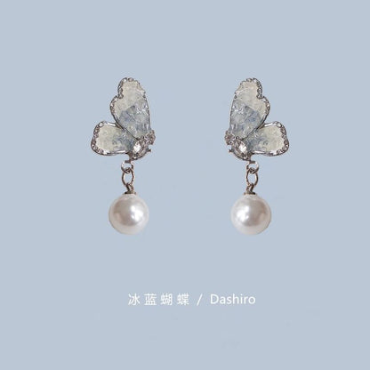 Floral Alloy Earring Pearl Drop Faux Butterfly Crystal /