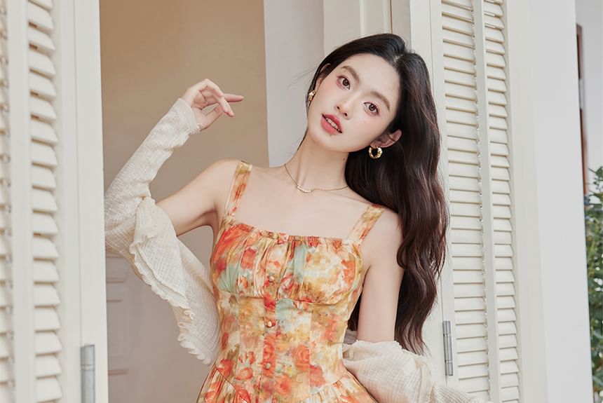 Sleeveless Floral Print Maxi A-Line Dress / Light Cardigan / Set