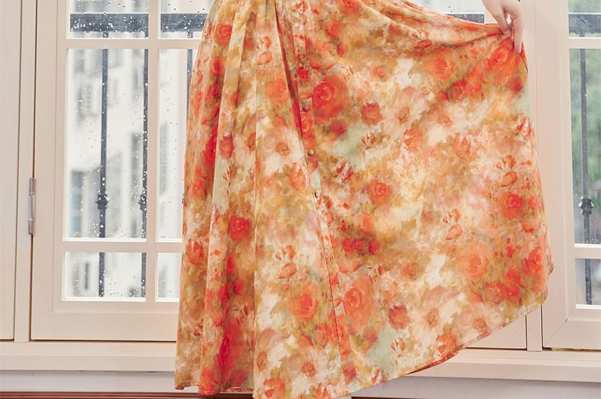 Sleeveless Floral Print Maxi A-Line Dress / Light Cardigan / Set