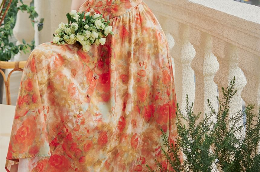 Sleeveless Floral Print Maxi A-Line Dress / Light Cardigan / Set