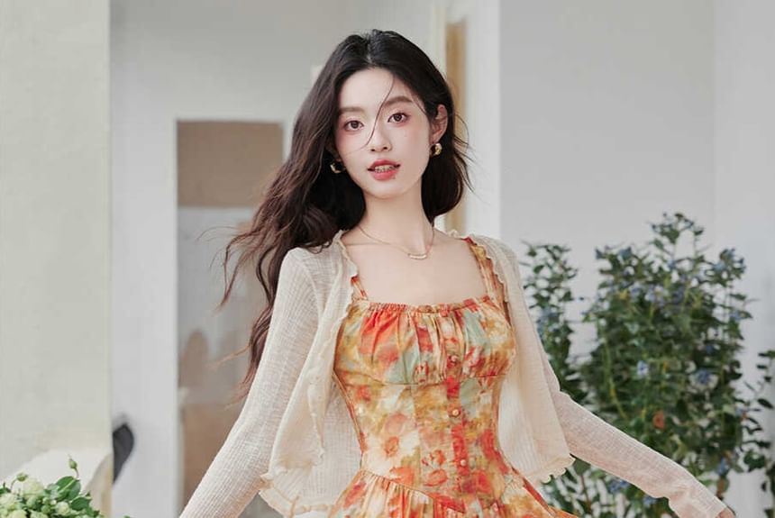 Sleeveless Floral Print Maxi A-Line Dress / Light Cardigan / Set