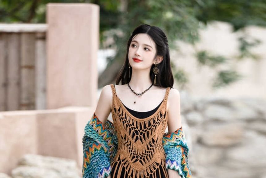 Spaghetti Strap Plain Maxi A-Line Dress / Plain Fringe Knit Long Cami Top / Patterned Shawl / Set