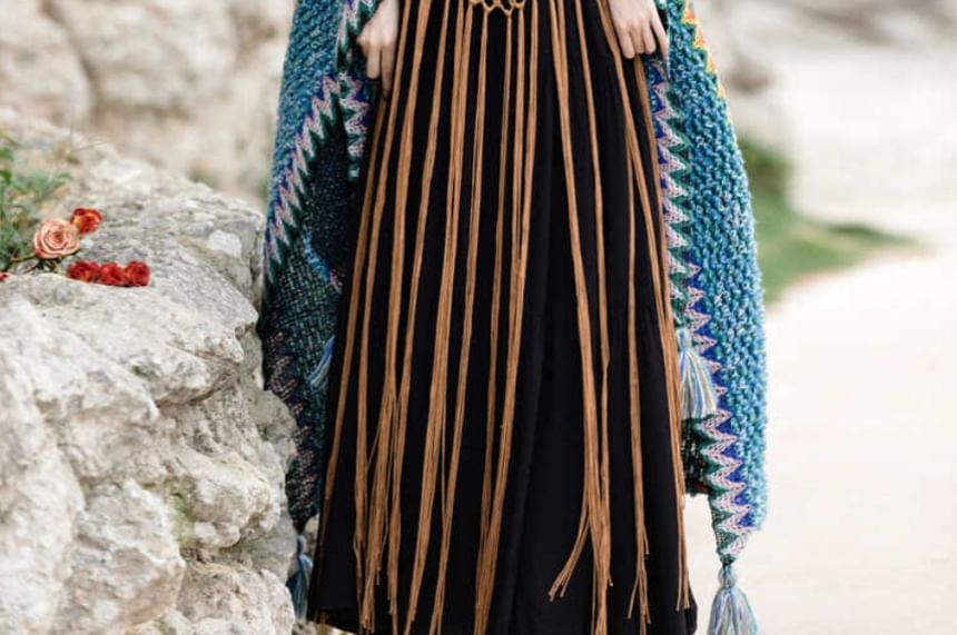 Spaghetti Strap Plain Maxi A-Line Dress / Plain Fringe Knit Long Cami Top / Patterned Shawl / Set