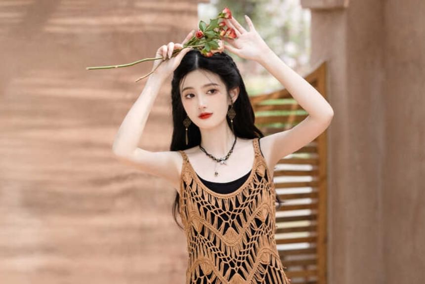 Spaghetti Strap Plain Maxi A-Line Dress / Plain Fringe Knit Long Cami Top / Patterned Shawl / Set