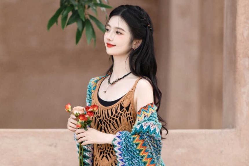 Spaghetti Strap Plain Maxi A-Line Dress / Plain Fringe Knit Long Cami Top / Patterned Shawl / Set