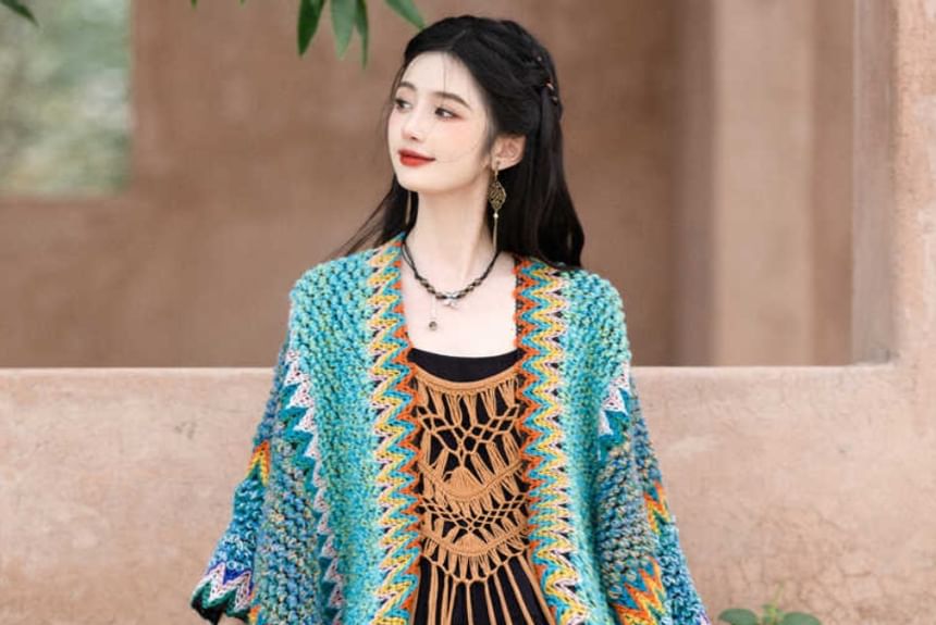 Spaghetti Strap Plain Maxi A-Line Dress / Plain Fringe Knit Long Cami Top / Patterned Shawl / Set