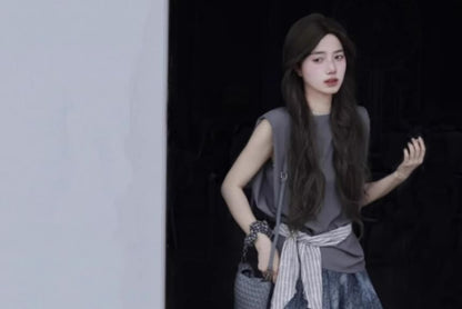 Cap-Sleeve Crew Neck Plain Tee / High Waist Tie Dye Maxi A-Line Skirt / Belt / Set