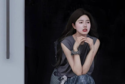 Cap-Sleeve Crew Neck Plain Tee / High Waist Tie Dye Maxi A-Line Skirt / Belt / Set