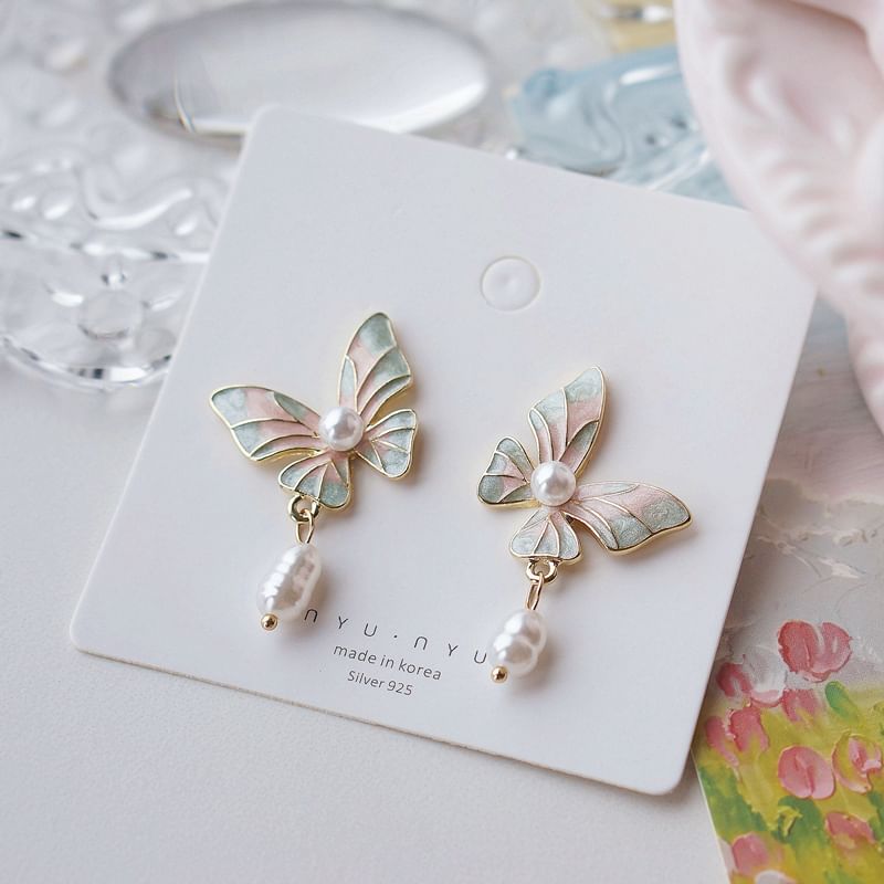 Butterfly Enamel On Earring Clip Faux Drop / Pearl