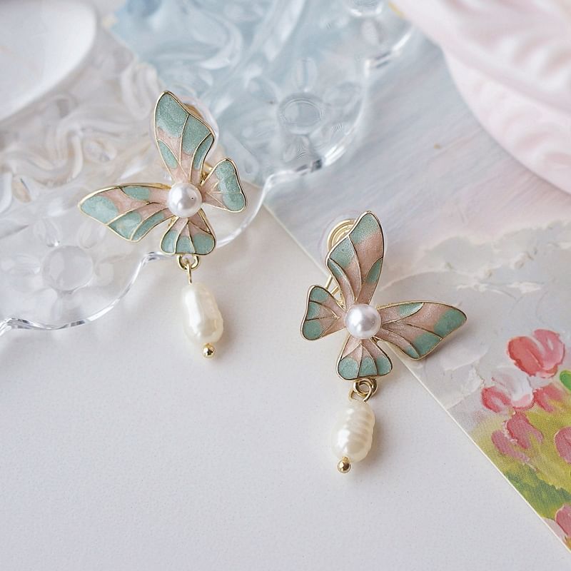 Butterfly Enamel On Earring Clip Faux Drop / Pearl
