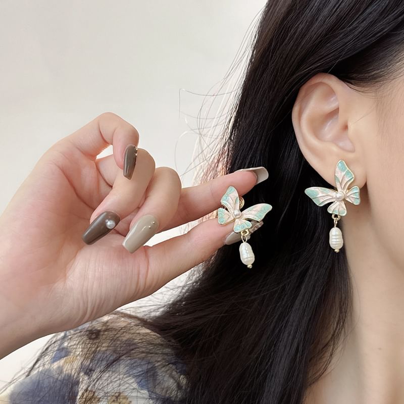 Butterfly Enamel On Earring Clip Faux Drop / Pearl