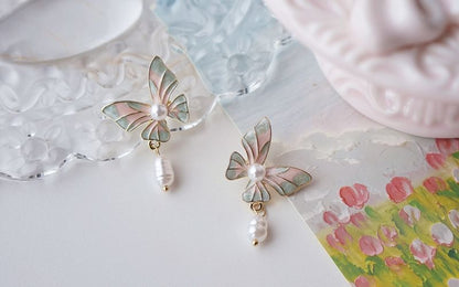 Butterfly Enamel On Earring Clip Faux Drop / Pearl