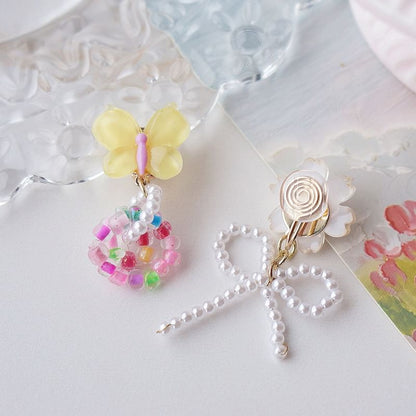 Earring Asymmetrical Flower Drop On / Clip Beaded