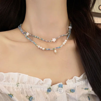 Star Faux Beaded Necklace / Pearl
