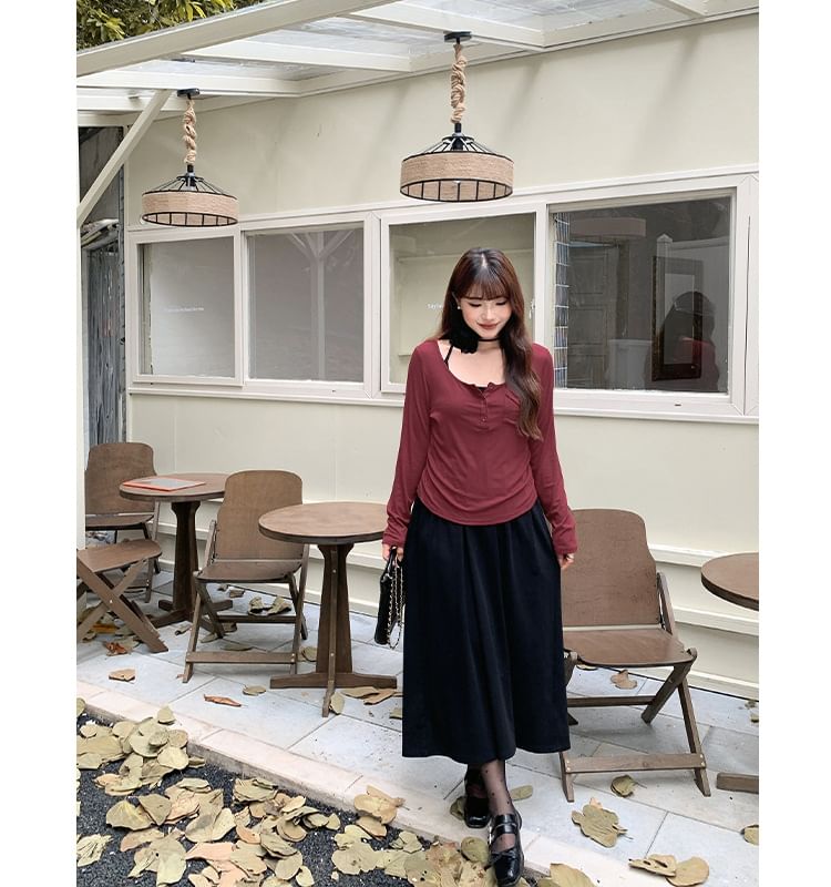 Long-Sleeve Henley Plain T-Shirt / Halter Plain Midi A-Line Dress