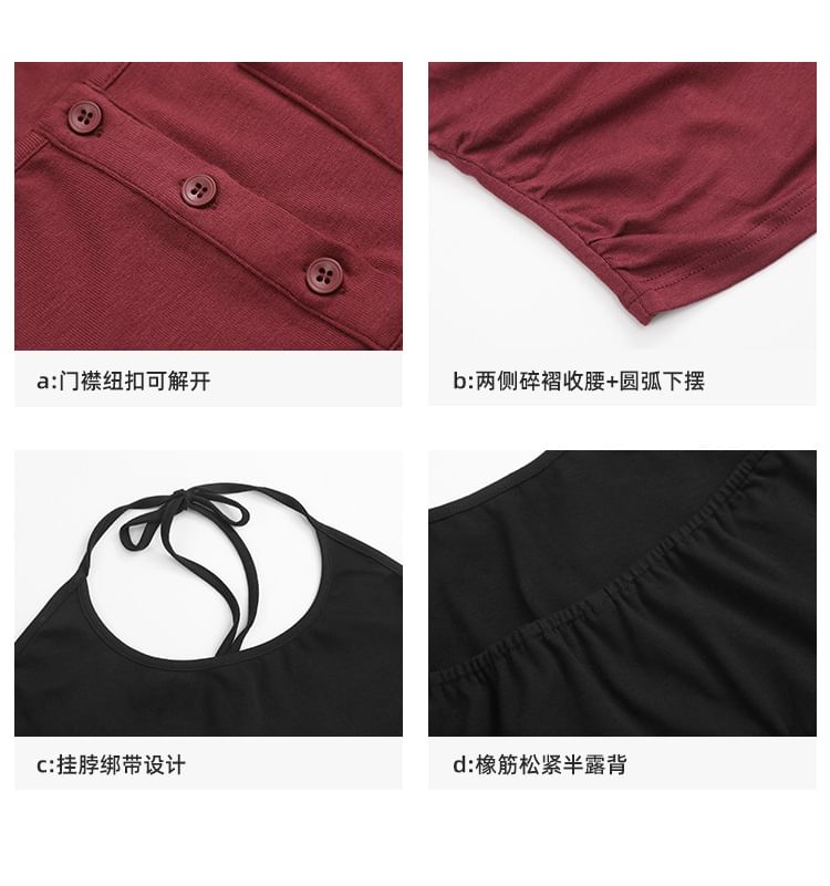 Long-Sleeve Henley Plain T-Shirt / Halter Plain Midi A-Line Dress