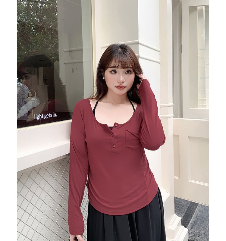 Long-Sleeve Henley Plain T-Shirt / Halter Plain Midi A-Line Dress