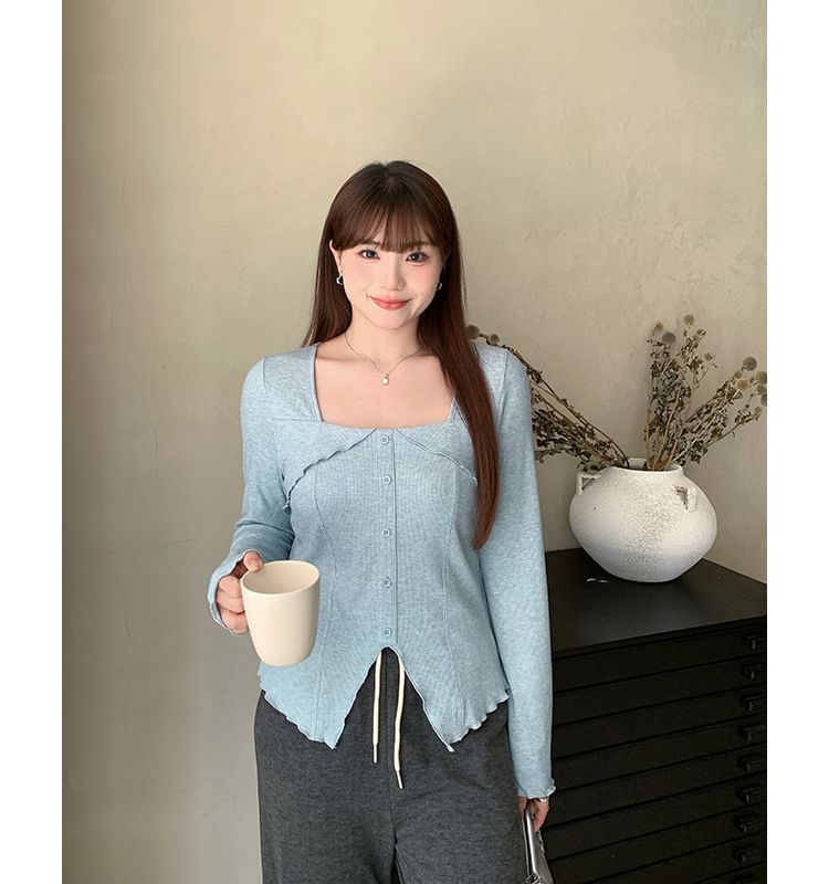Long-Sleeve Square Neck Plain Panel Button Top