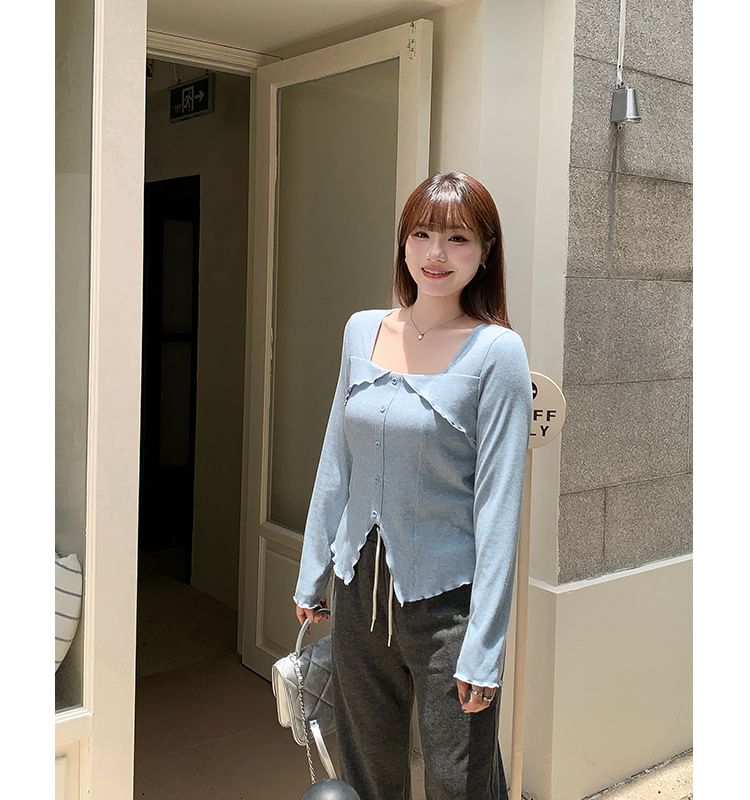 Long-Sleeve Square Neck Plain Panel Button Top