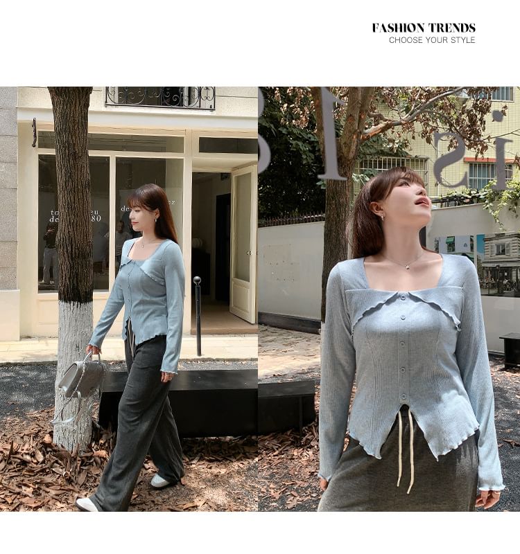 Long-Sleeve Square Neck Plain Panel Button Top