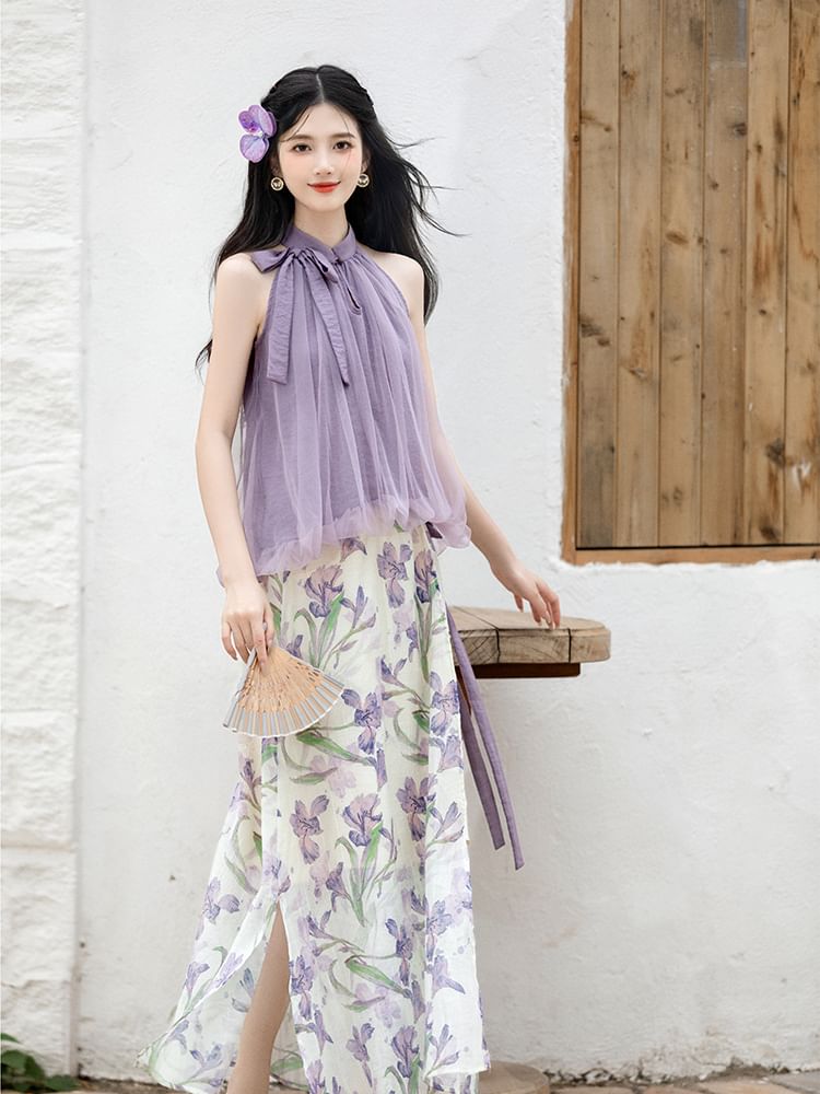 Sleeveless Mock Neck Plain Blouse / High Waist Floral Midi Skirt / Set