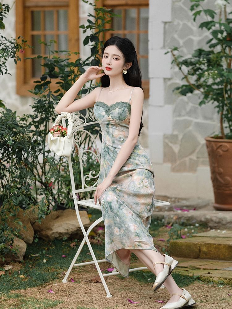 Spaghetti Strap Floral Print Bodycon Midi Dress / Crop Cardigan / Set