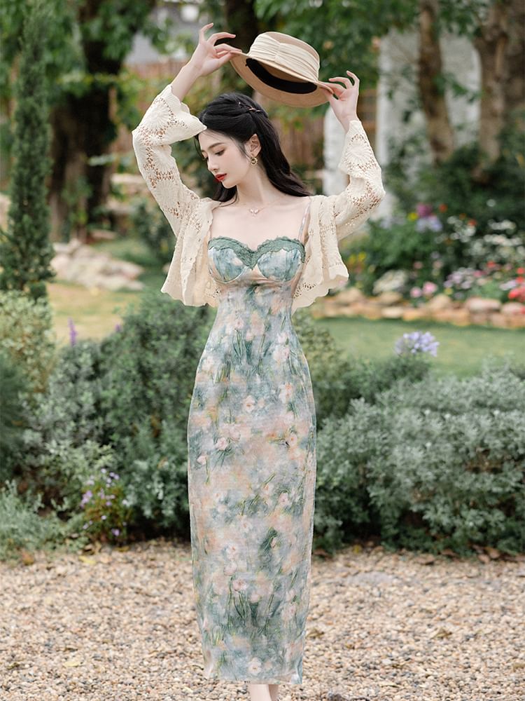 Spaghetti Strap Floral Print Bodycon Midi Dress / Crop Cardigan / Set
