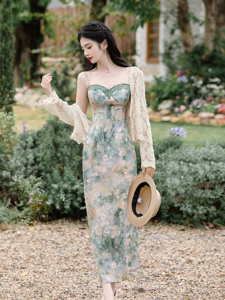 Spaghetti Strap Floral Print Bodycon Midi Dress / Crop Cardigan / Set