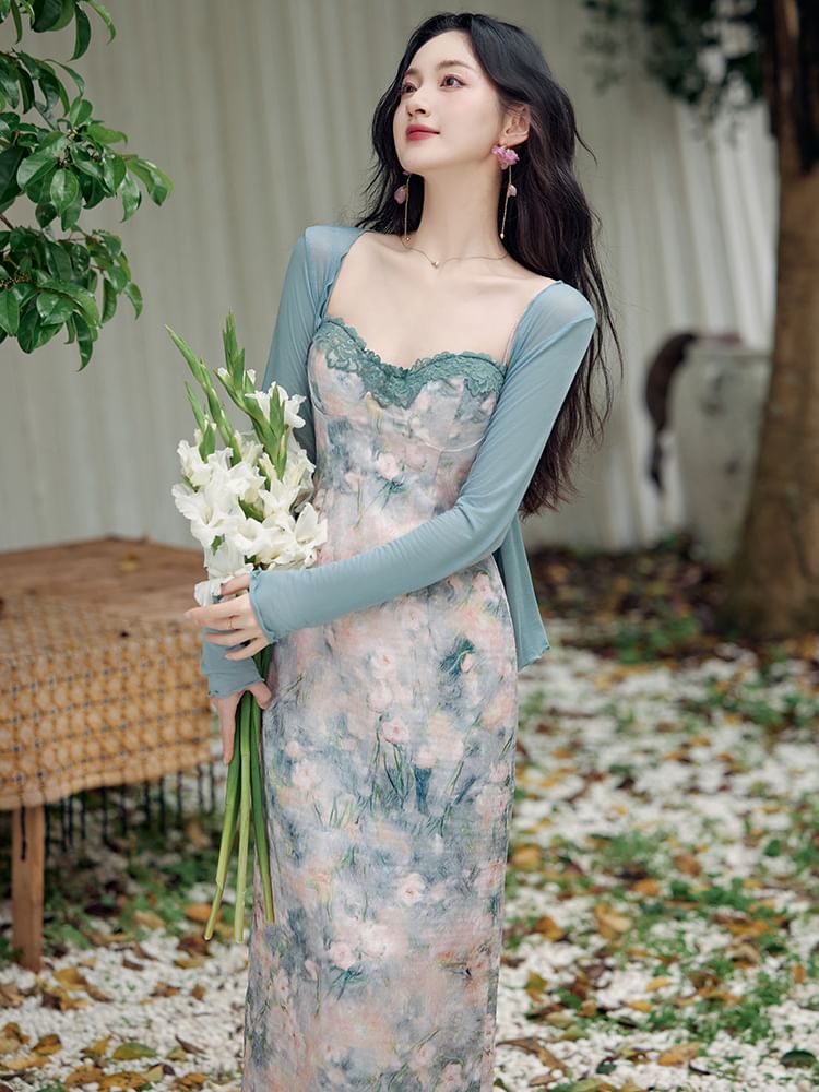 Spaghetti Strap Floral Print Bodycon Midi Dress / Crop Cardigan / Set