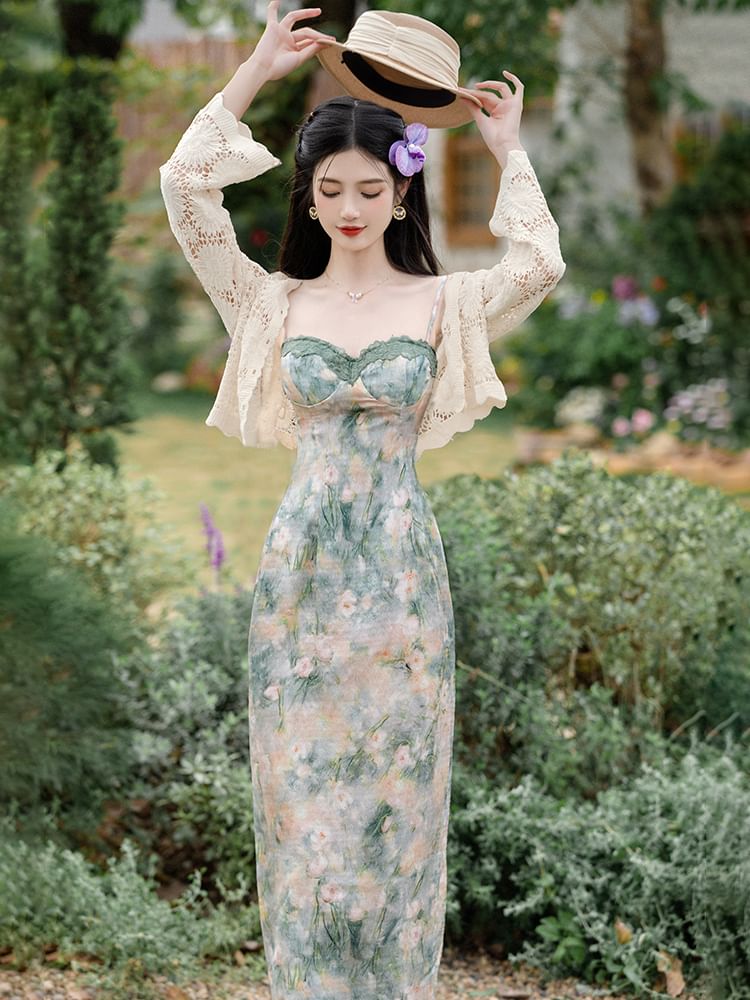 Spaghetti Strap Floral Print Bodycon Midi Dress / Crop Cardigan / Set