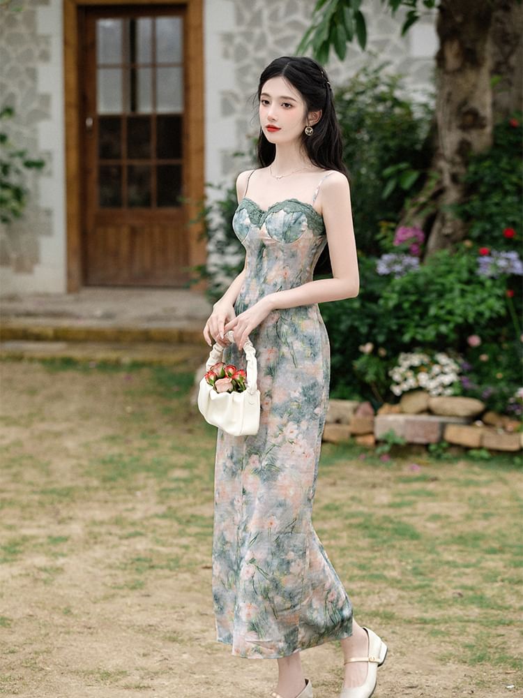 Spaghetti Strap Floral Print Bodycon Midi Dress / Crop Cardigan / Set