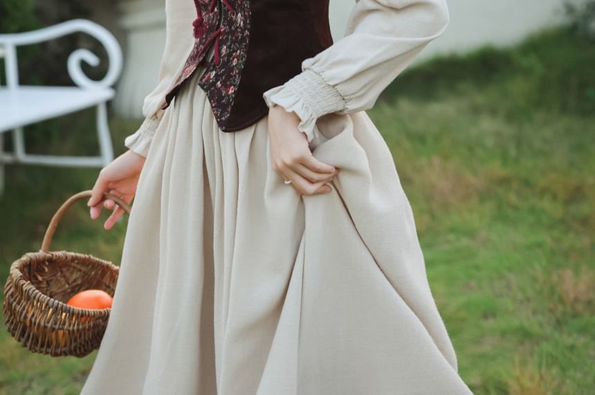 Puff-Sleeve Square Neck Plain Lace Trim Maxi A-Line Dress / Floral Lace-Up Vest / Kerchief / Set