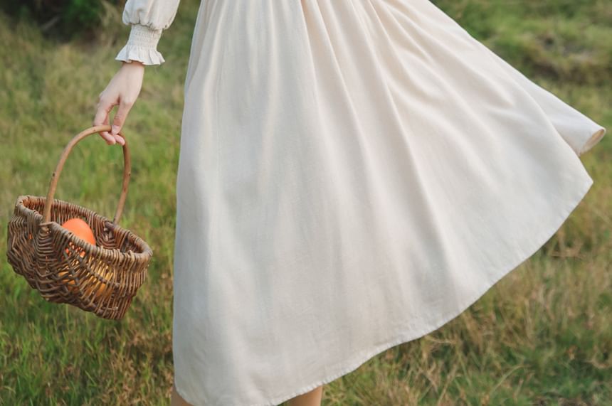 Puff-Sleeve Square Neck Plain Lace Trim Maxi A-Line Dress / Floral Lace-Up Vest / Kerchief / Set